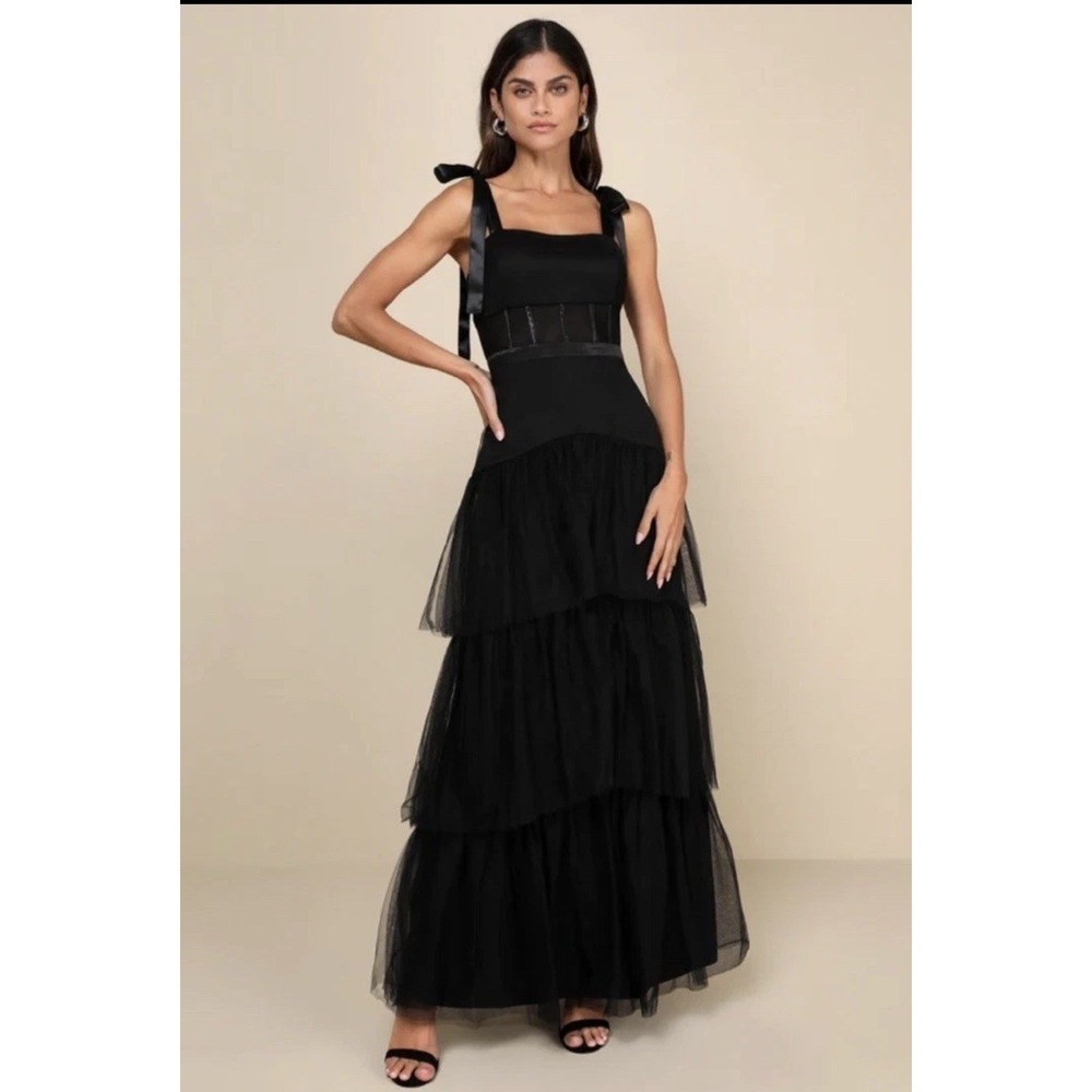 Lulu's Black Tulle Tie-Strap Tiered Maxi Dress XS Sheer Romatic Lolita Goth Dark